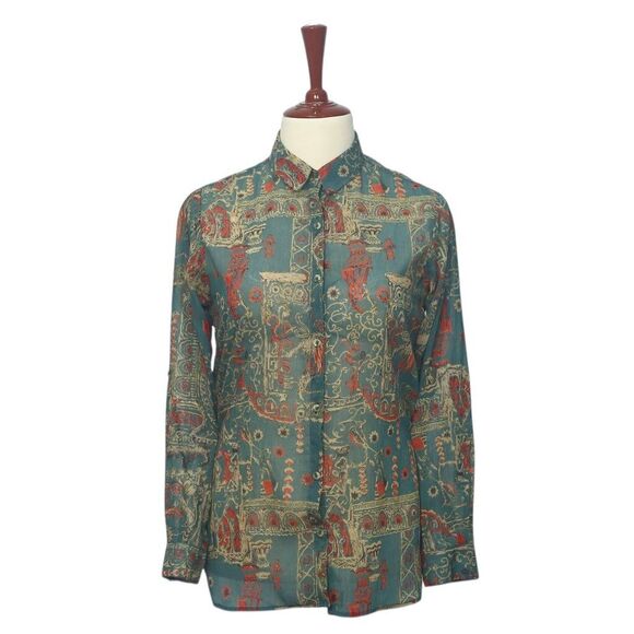 Chiragh Apparel Tops - Womens Chiffon Shirt Blue Orange Beige Boho Ethnic Blouse Button Up Top Medium